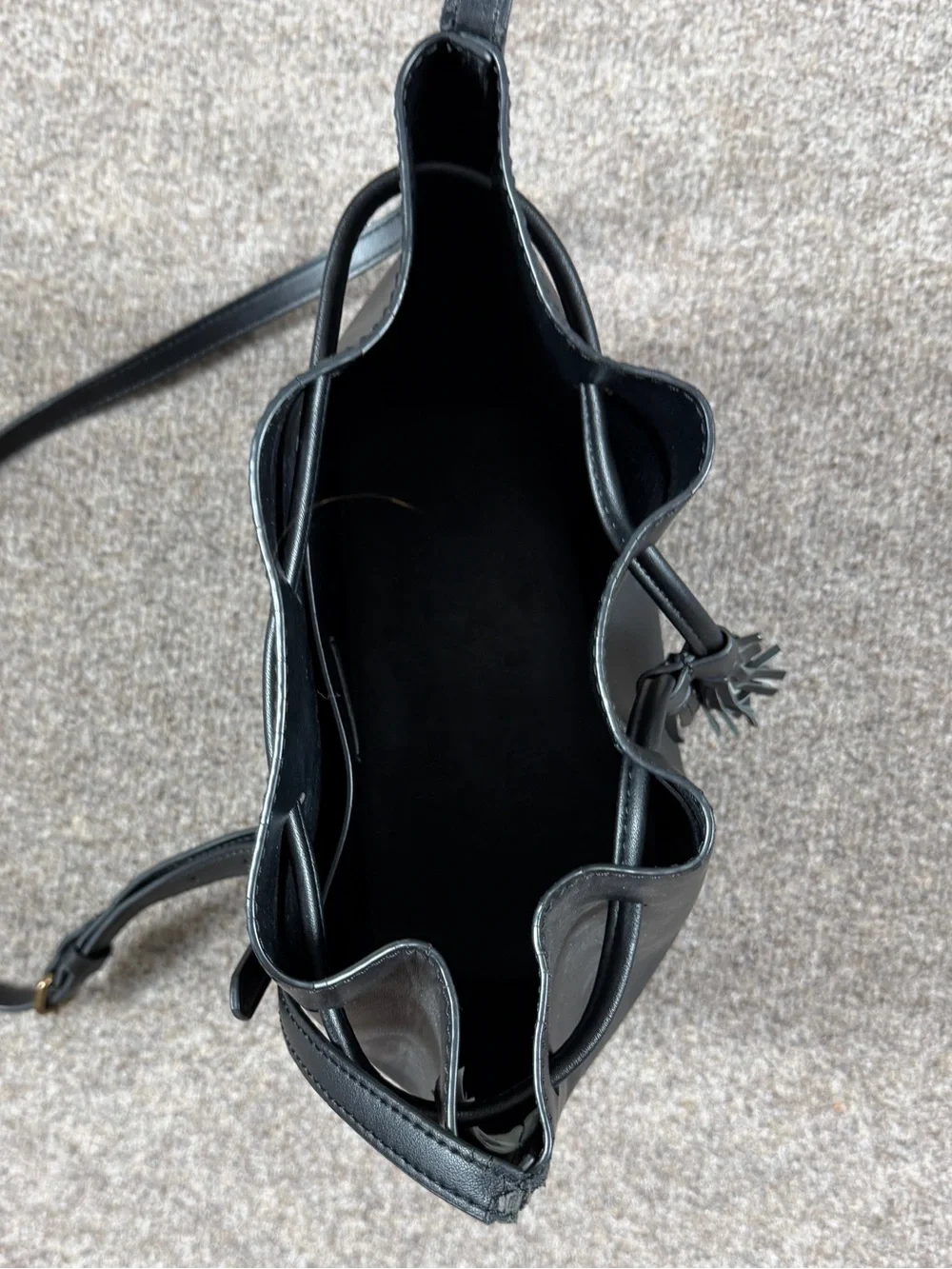 J Crew Black Faux Leather Bucket Bag Shoulder Crossbody Fringe Drawstring